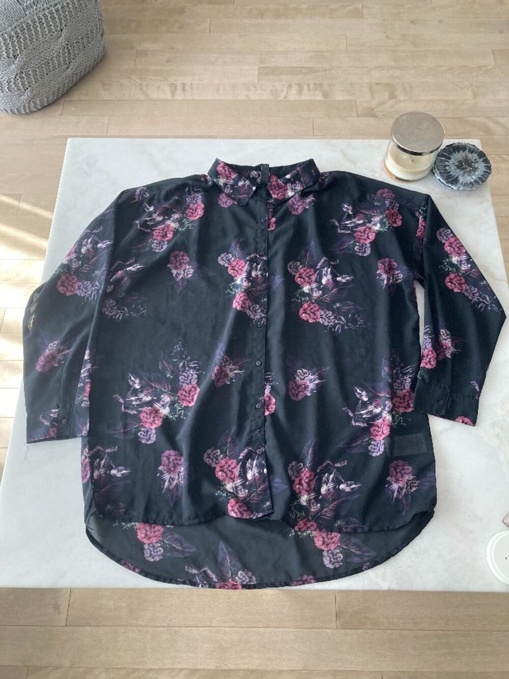 Soyaconcept dark floral relaxed fit button down shirt blouse top black purple